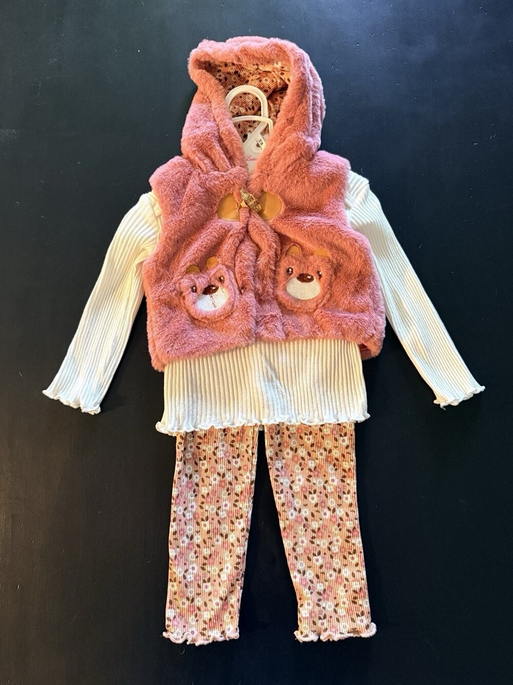 Little Lass Baby Girls 12M Pink 3 Piece Outfit Faux Fur Bear Vest Floral Pants